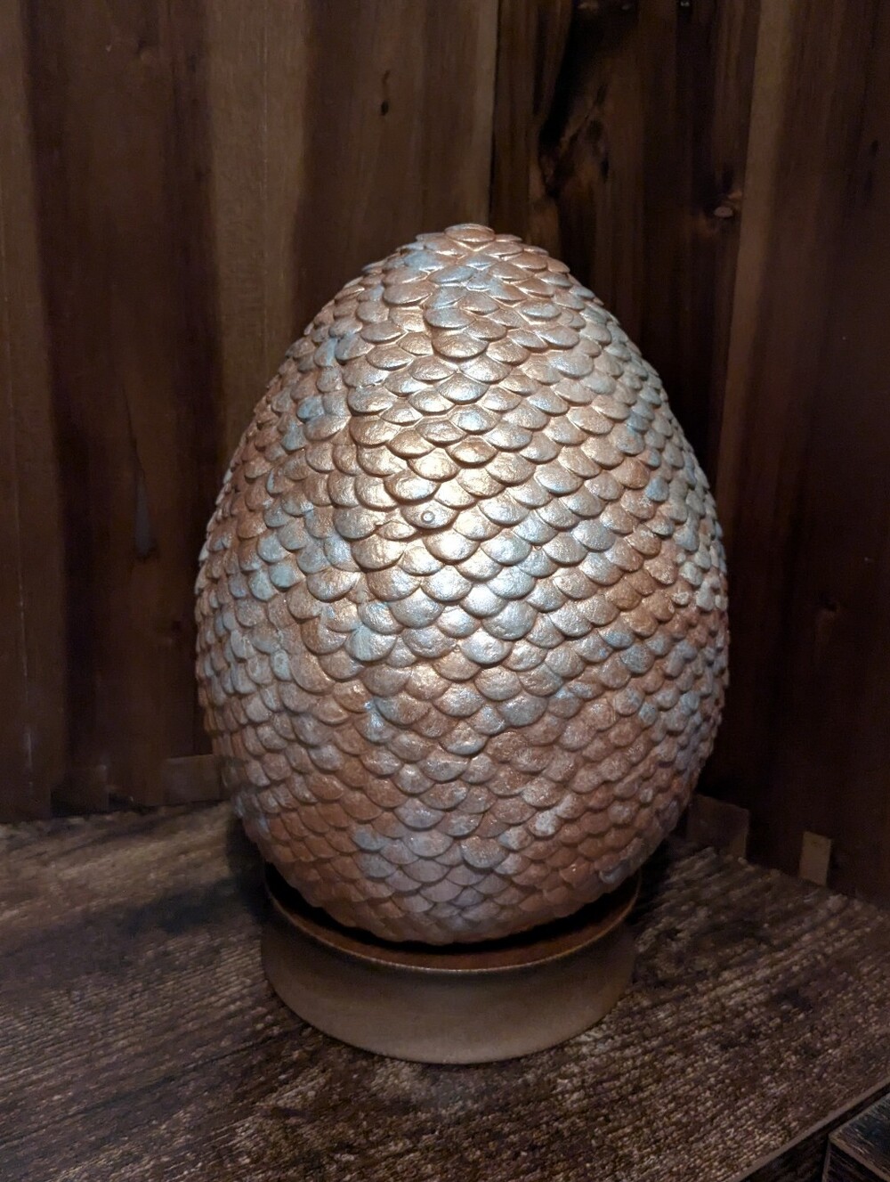 Decorative Scaled Egg Sculpture in Metallic Copper (Pink) and Silver